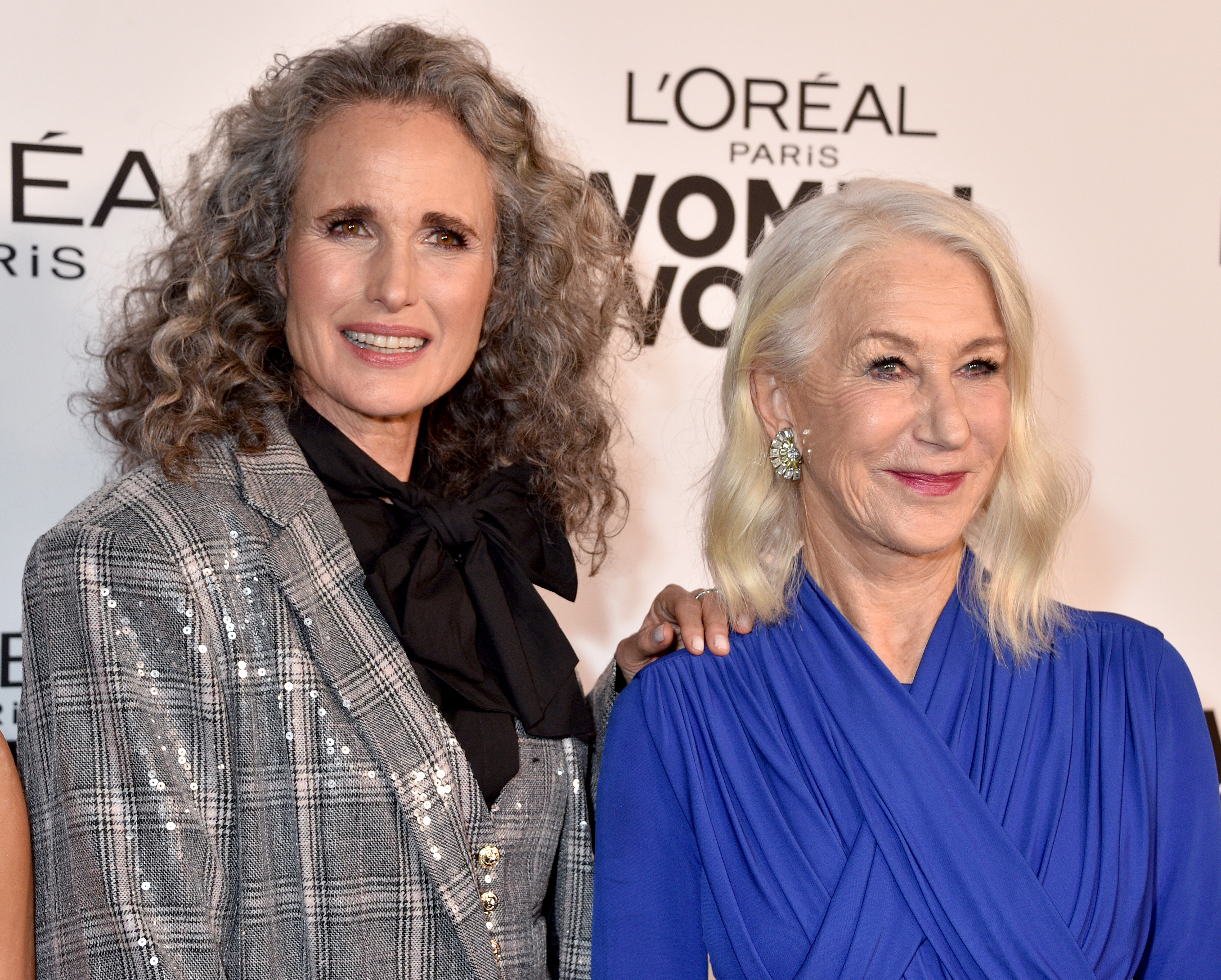 Andie MacDowell et Helen Mirren les 2023 L'Oréal Paris Women Of Worth à NeueHouse Hollywood le 16 novembre 2023 à Hollywood, Californie | Source : Getty Images