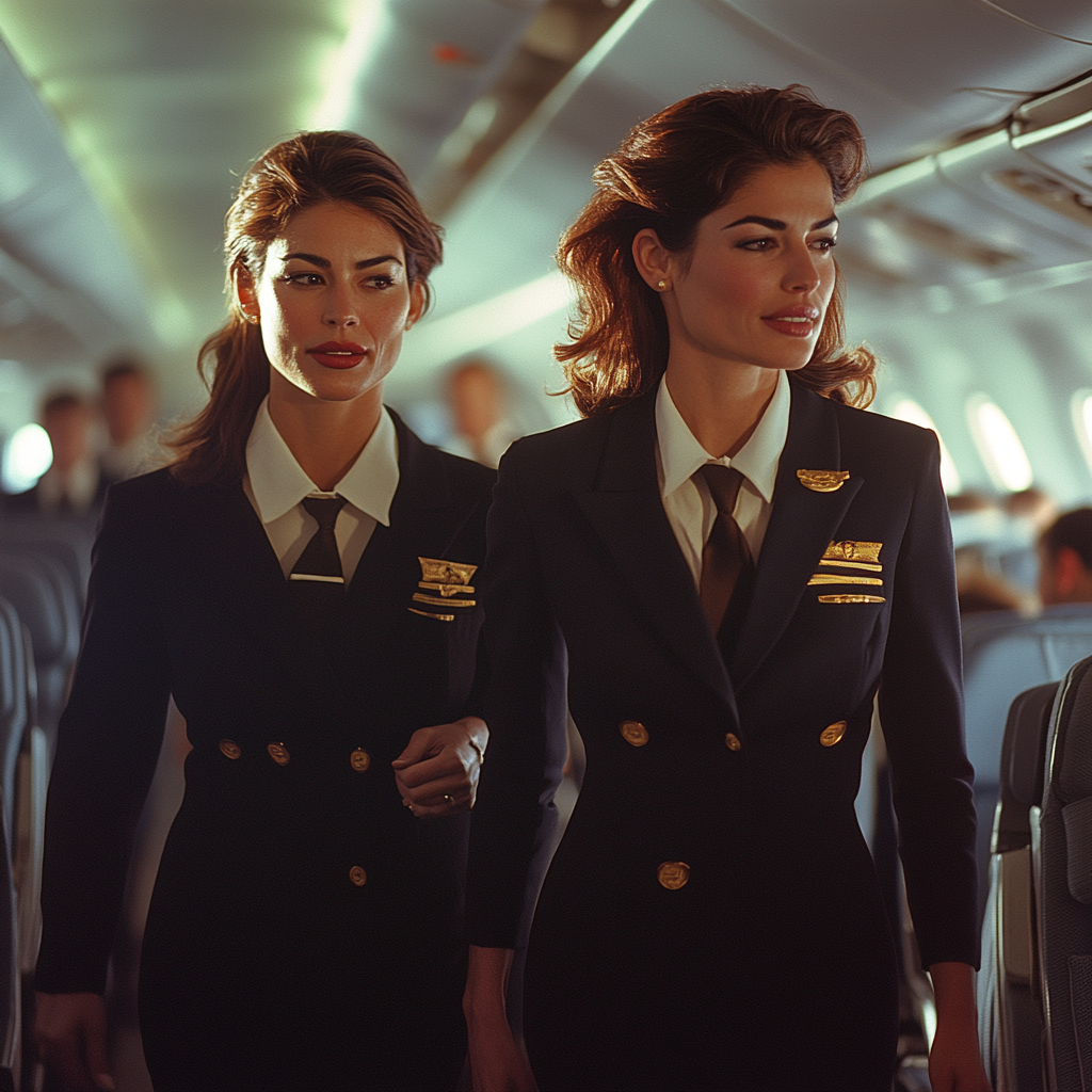 A cabin manager and a flight attendant walking together | Source: Midjourney