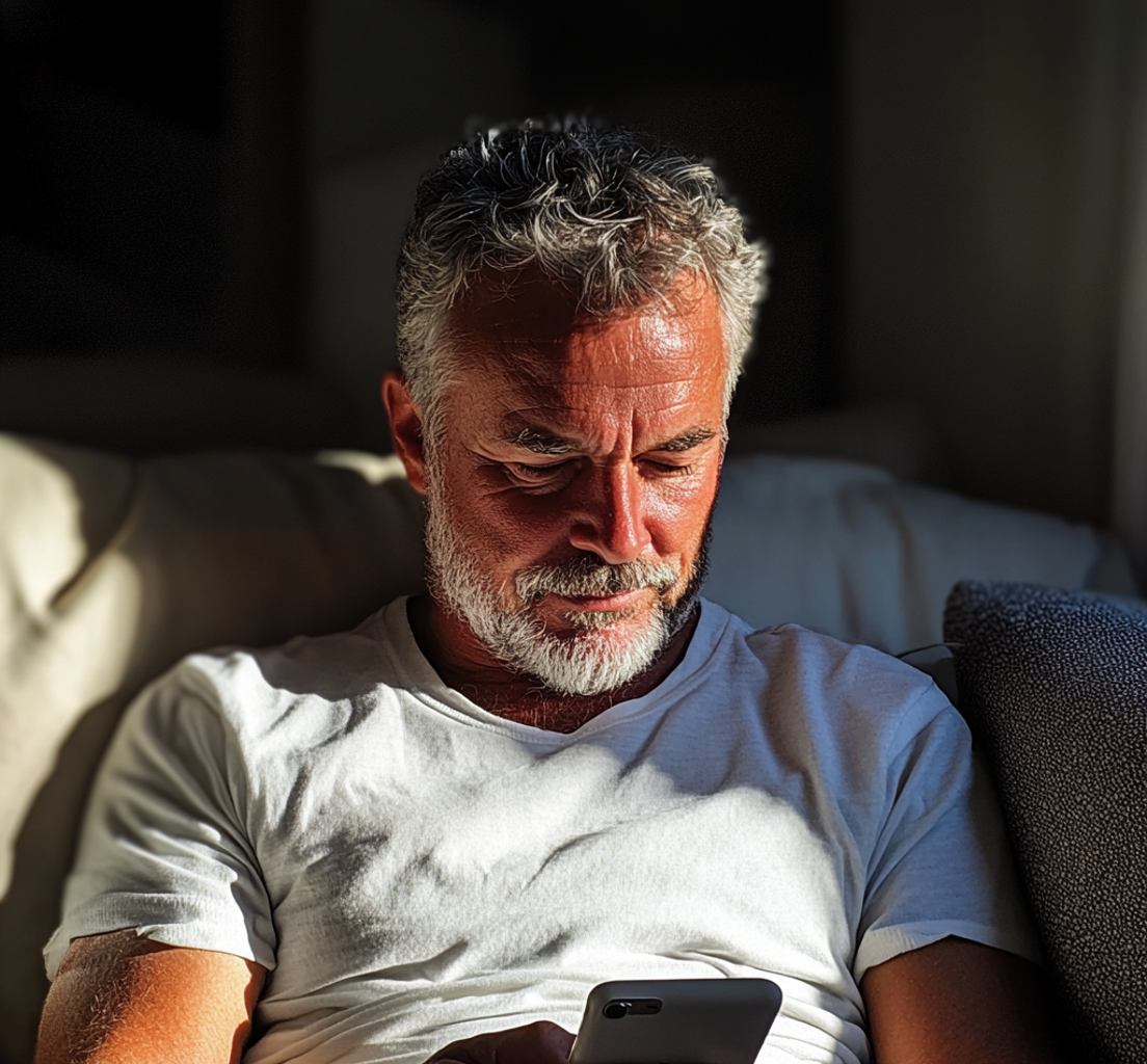 Un homme assis sur un canapé et utilisant son téléphone | Source : Midjourney
