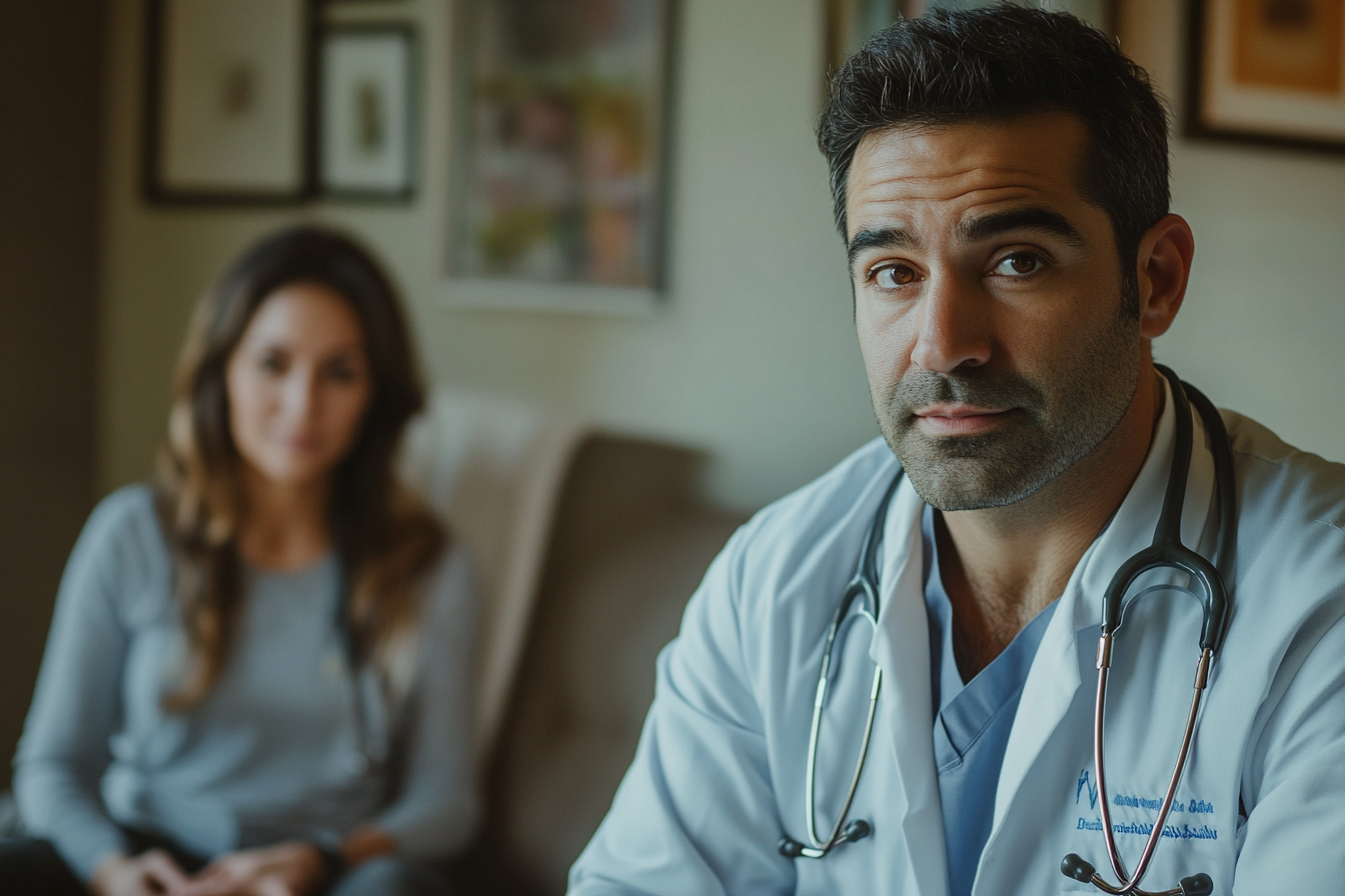 A close-up of a doctor with a focused expression, his wife blurred in the background | Source: Midjourney