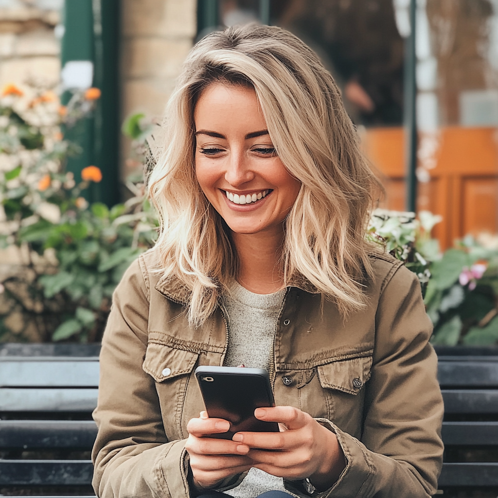 Une femme assise sur un banc et envoyant des textos | Source : Midjourney