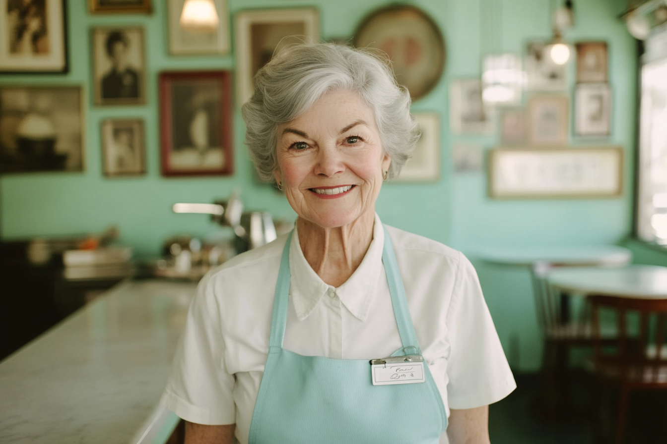 Une femme d'une cinquantaine d'années portant un uniforme de serveuse dans un café avec un sourire bienveillant | Source : Midjourney