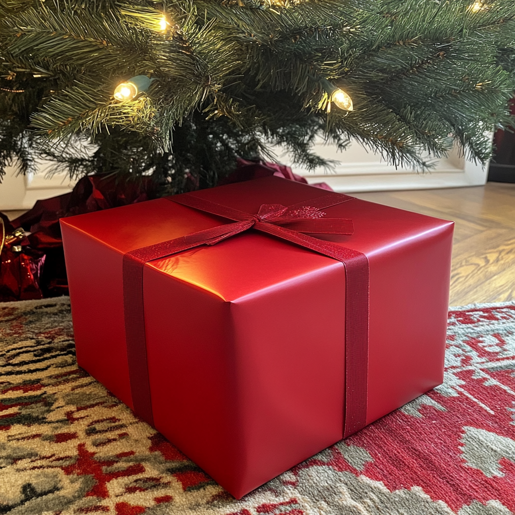 Boîte cadeau rouge sous un sapin de Noël | Source : Midjourney