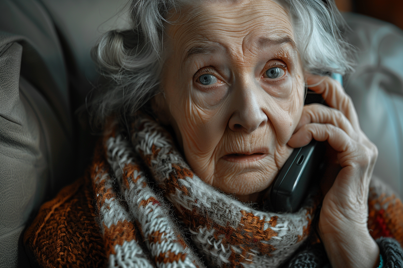 Une femme âgée et triste qui parle au téléphone | Source : Midjourney