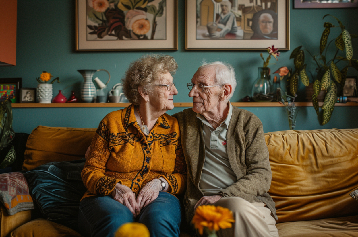 Couple de personnes âgées partageant un regard | Source : MidJourney