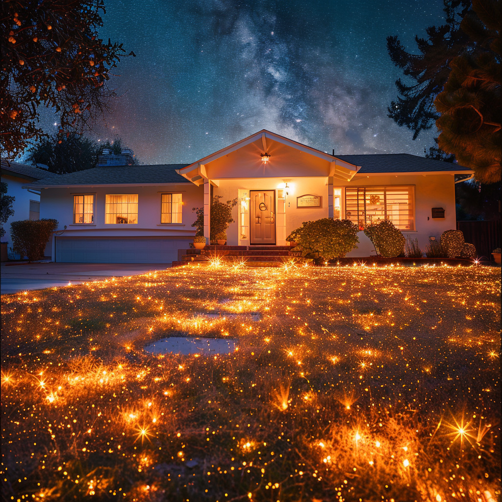 La cour avant d'une maison recouverte de paillettes biodégradables | Source : Midjourney