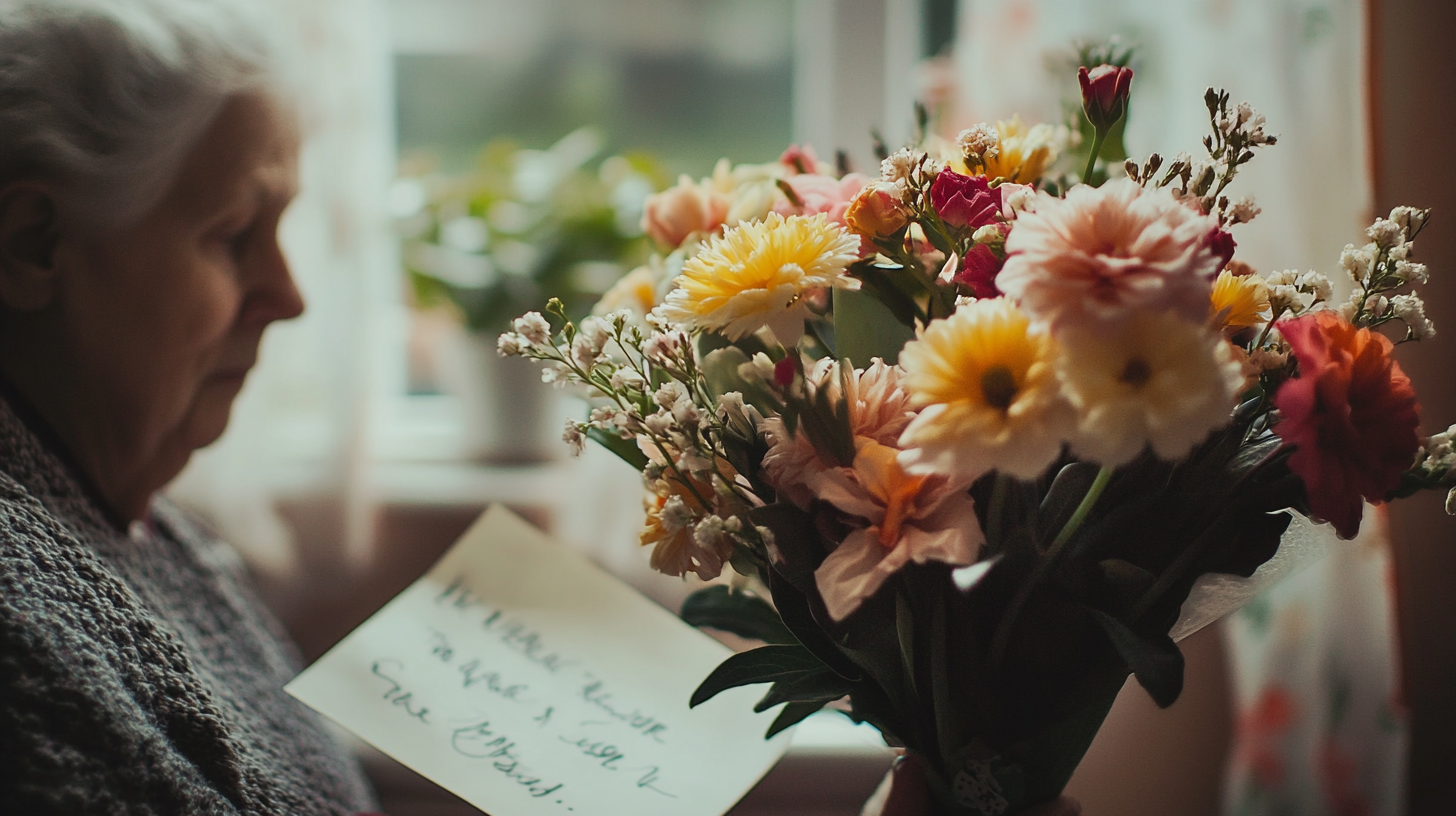 Une vieille dame avec un bouquet de fleurs | Source : Midjourney