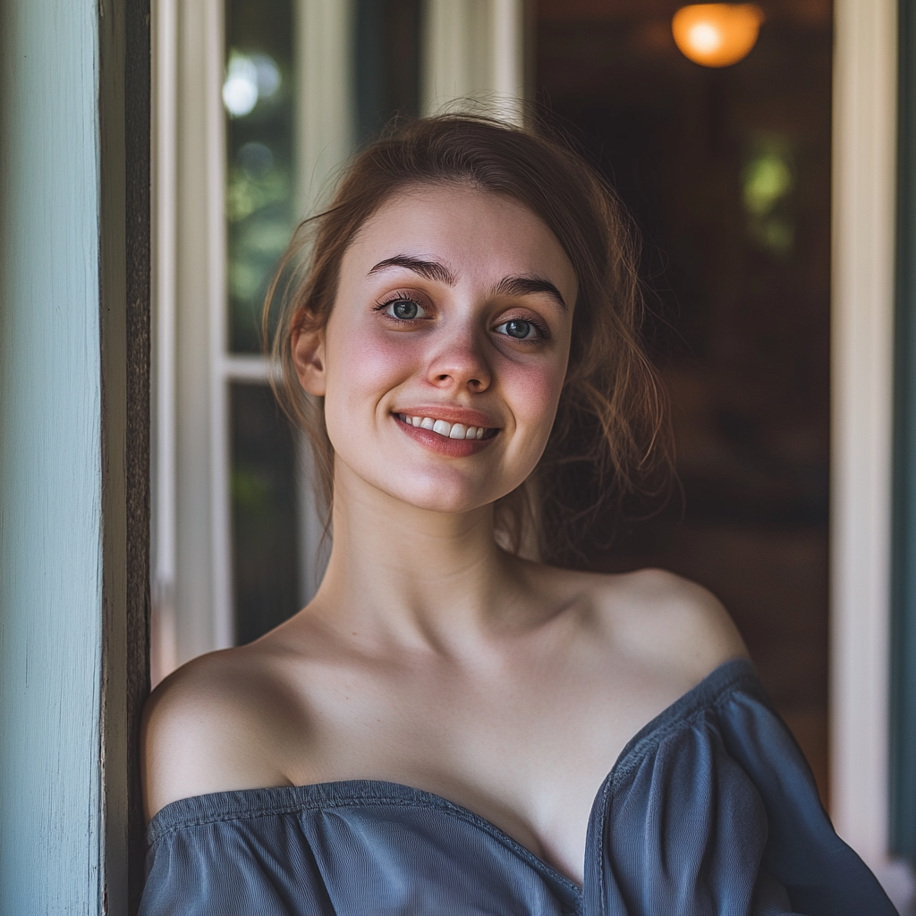 A smiling woman standing on her front porch | Source: Midjourney