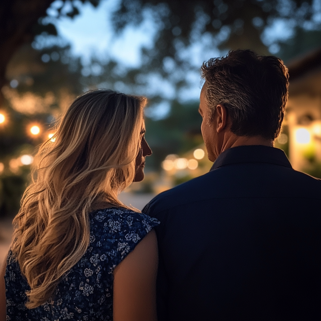 Un couple se tenant à l'extérieur la nuit | Source : Midjourney