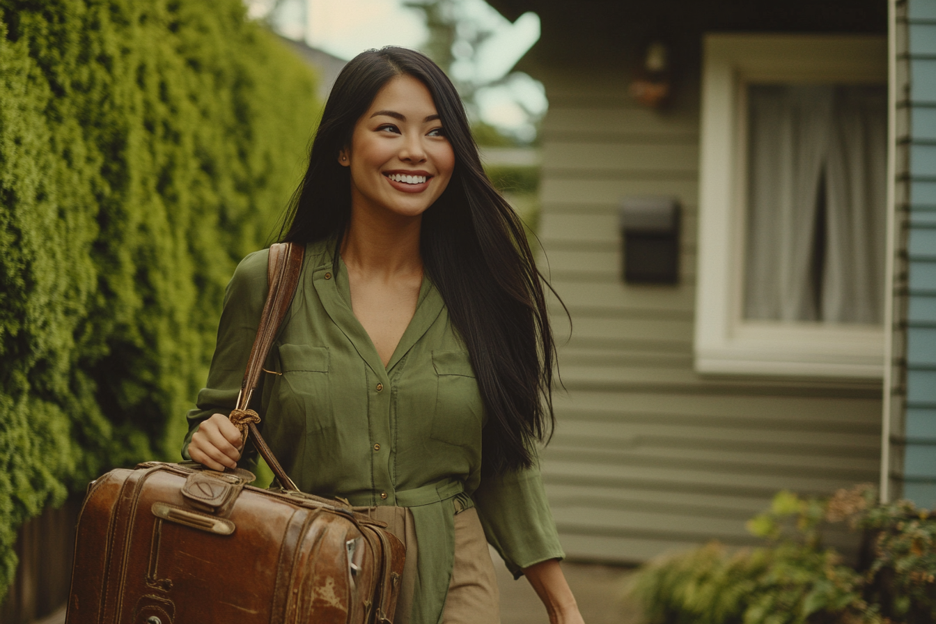 Une femme sourit alors qu'elle quitte la maison en portant un sac | Source : Midjourney