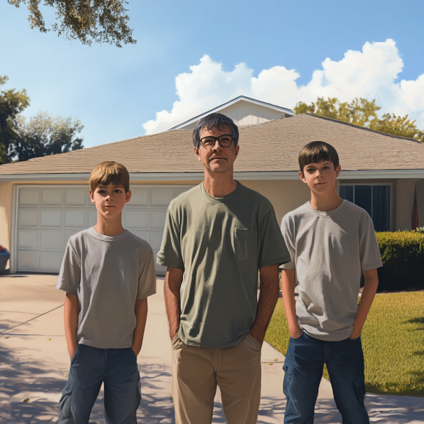 Un homme et ses fils jumeaux se tiennent devant leur maison | Source : Midjourney