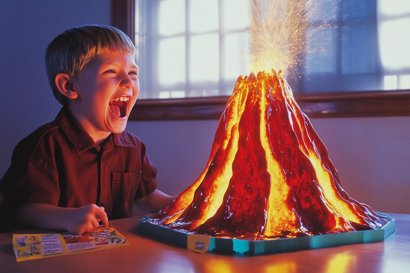 Un enfant qui rit alors qu'un volcan de projet scientifique entre en éruption sur une table dans le salon | Source : Midjourney