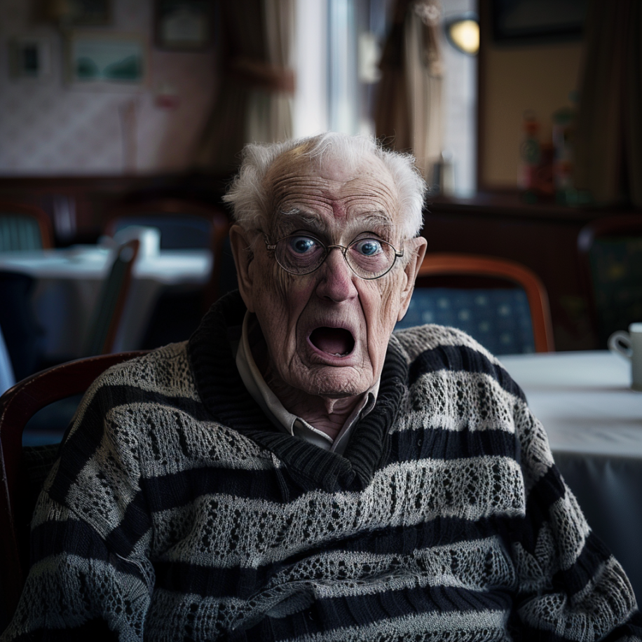 Un homme âgé extrêmement choqué dans un café d'une maison de retraite | Source : Midjourney