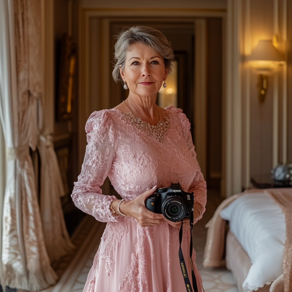 Une femme debout dans une chambre d'hôtel tenant un appareil photo | Source : Midjourney