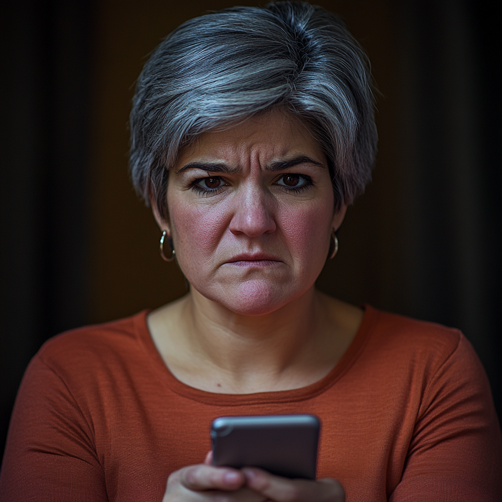 Une femme bouleversée tenant son téléphone | Source : Midjourney