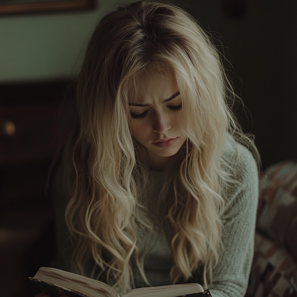 Une femme qui fronce les sourcils en regardant un journal intime dans ses mains | Source : Midjourney