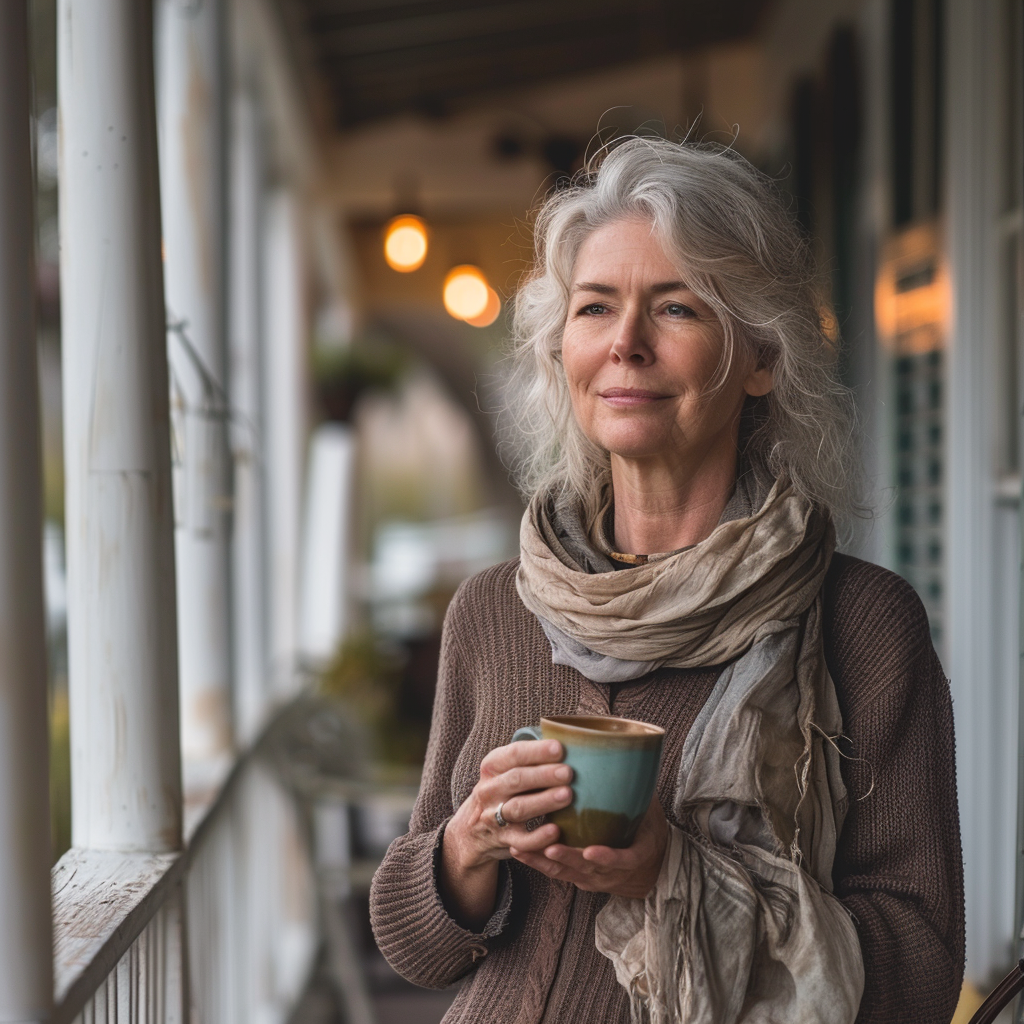 Une femme âgée tenant une tasse de café alors qu'elle se tient sur le porche d'entrée | Source : Midjourney