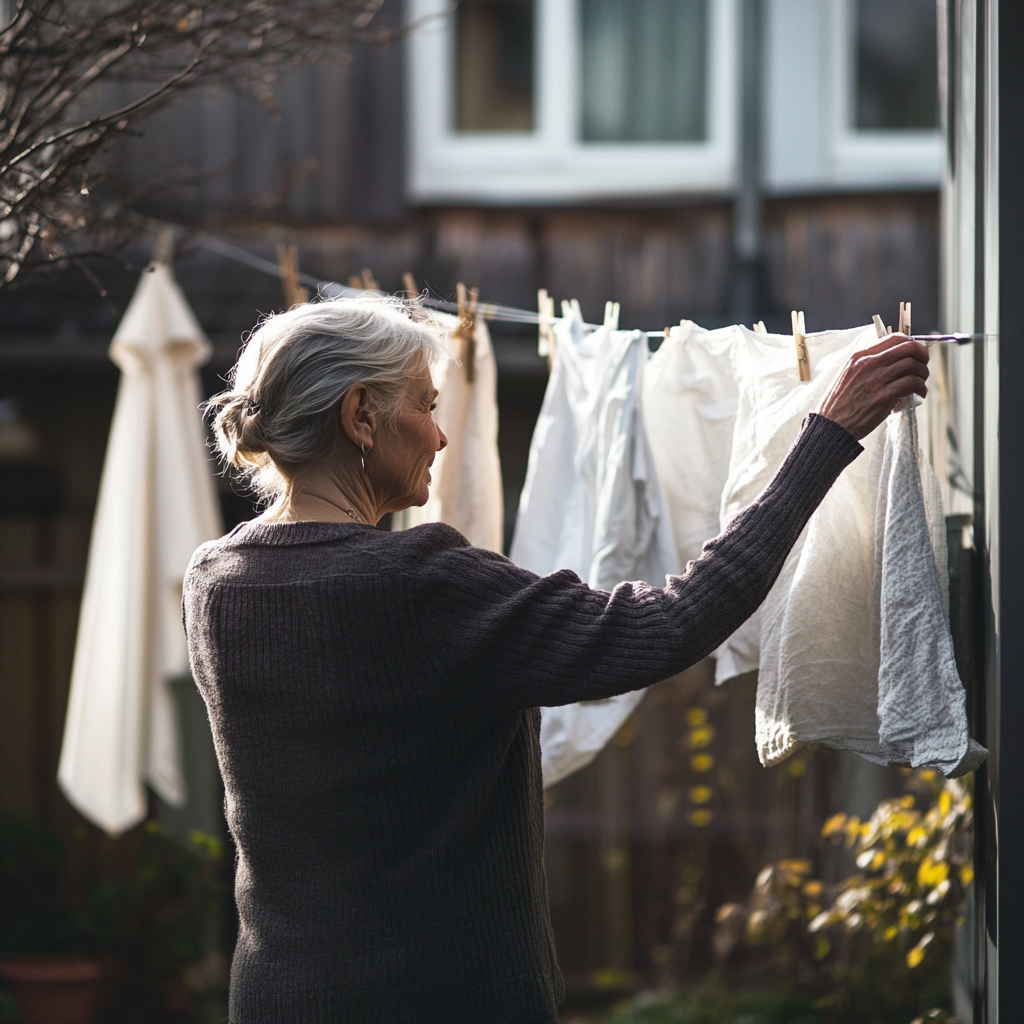 Une femme accroche des vêtements sur la corde | Source : Midjourney