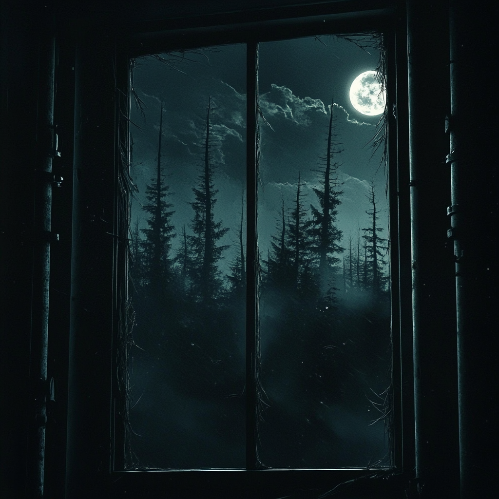 Window view of a spooky forest looming in the distance | Source: Midjourney