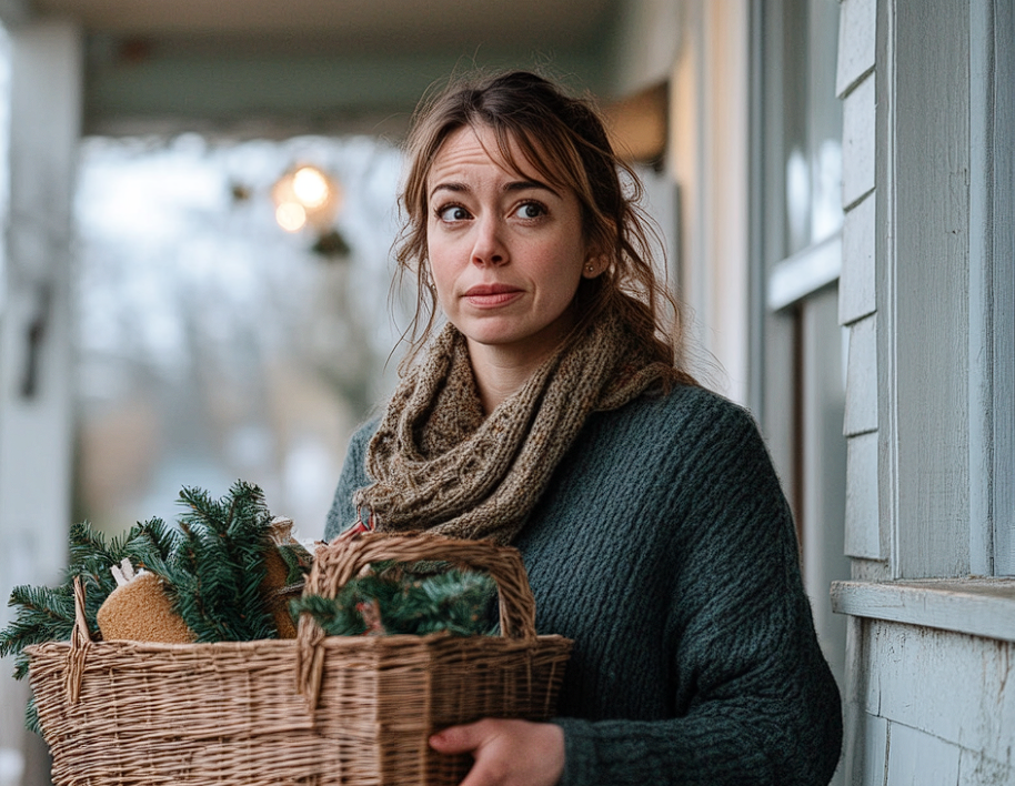 Une femme sur un porche tenant un panier de cadeaux | Source : Midjourney