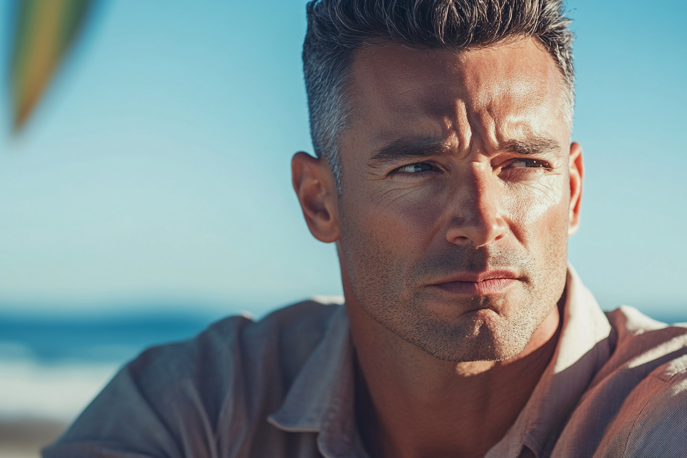 Un homme sérieux assis sur une plage | Source : Midjourney