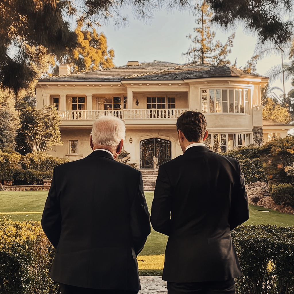 Un jeune homme et un homme âgé regardant une belle maison | Source : Midjourney