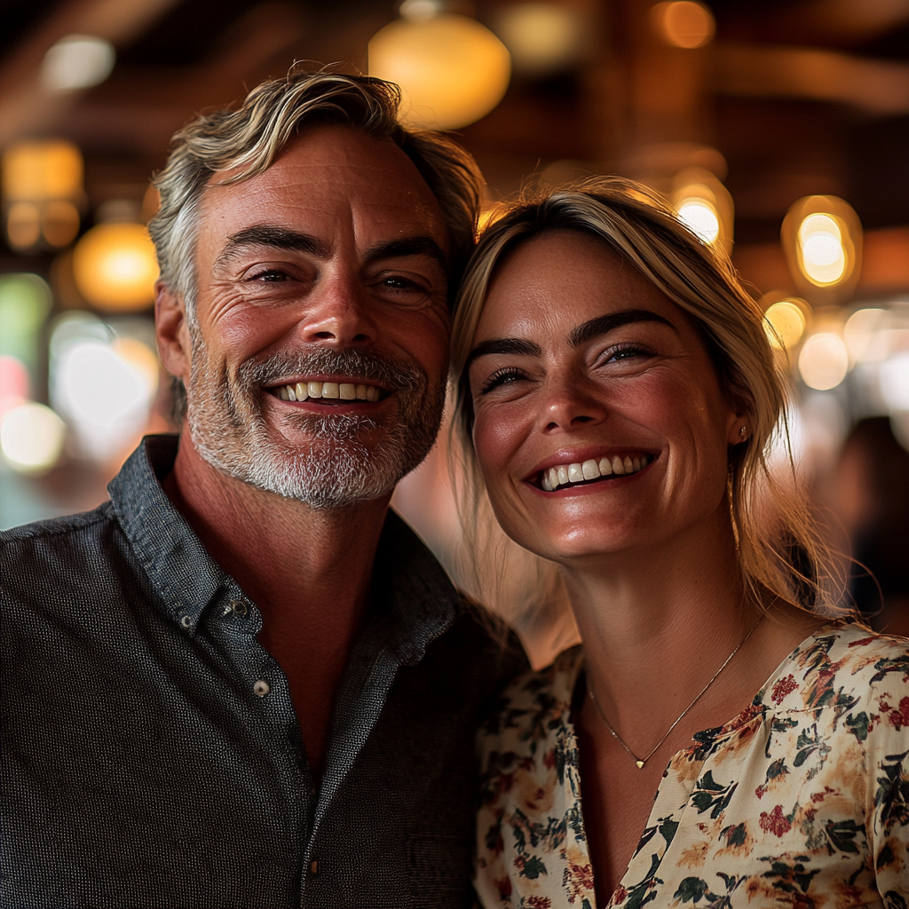 A middle-aged man smiles while standing next to his daughter-in-law | Source: Midjourney