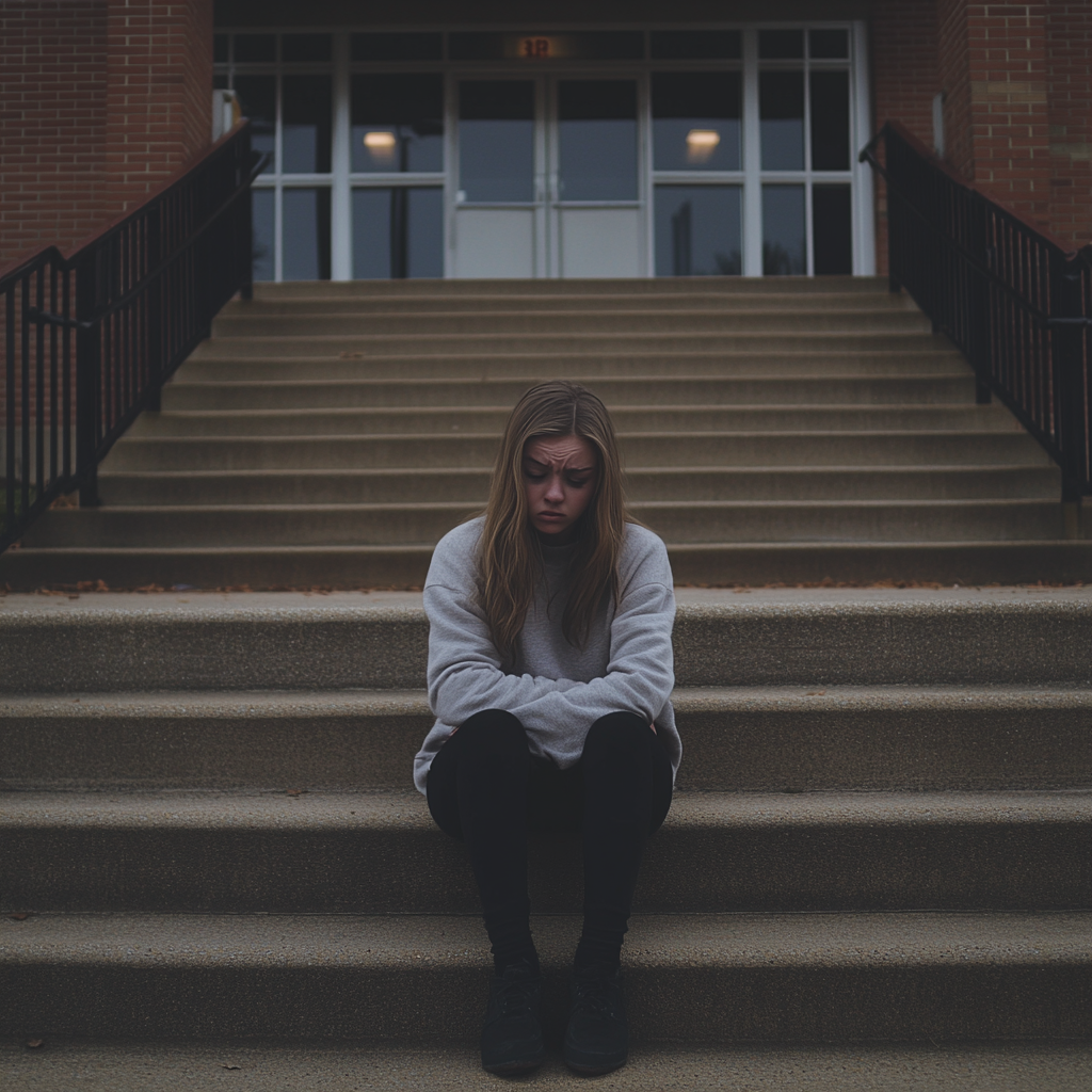 Une jeune fille bouleversée assise sur les escaliers d'un immeuble | Source : Midjourney