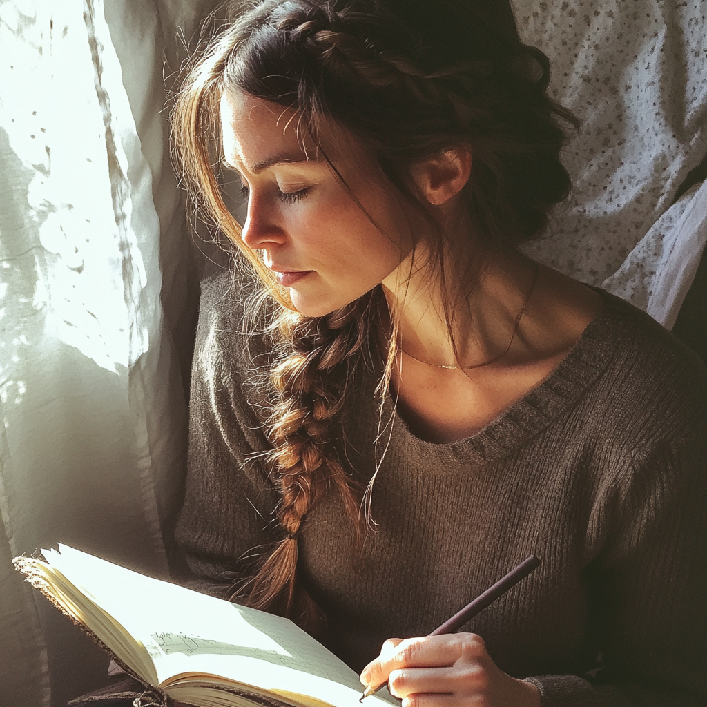 Une femme qui écrit dans un cahier | Source : Midjourney