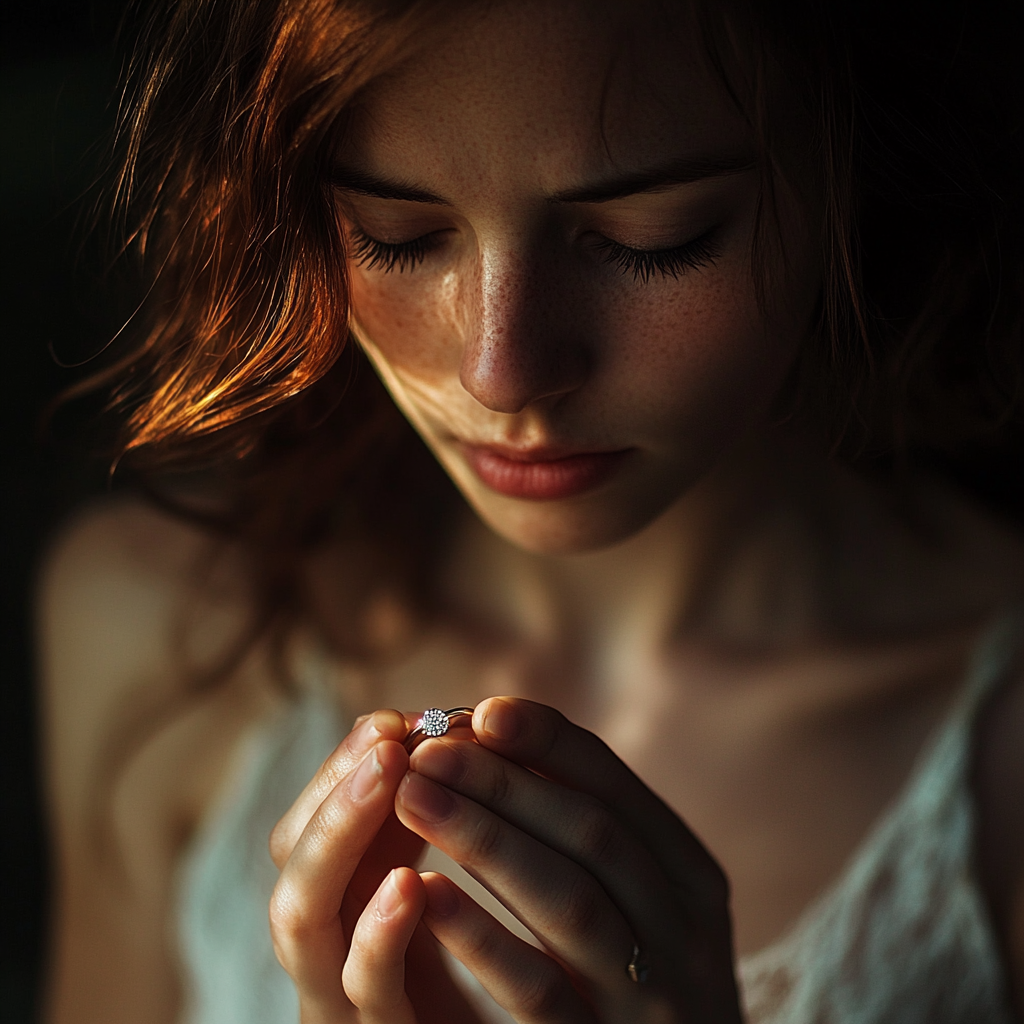 Une femme tenant une bague de fiançailles | Source : Midjourney