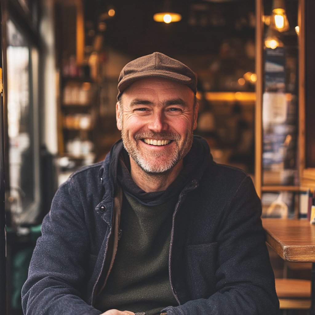 Un homme sourit doucement alors qu'il est assis dans un café | Source : Midjourney