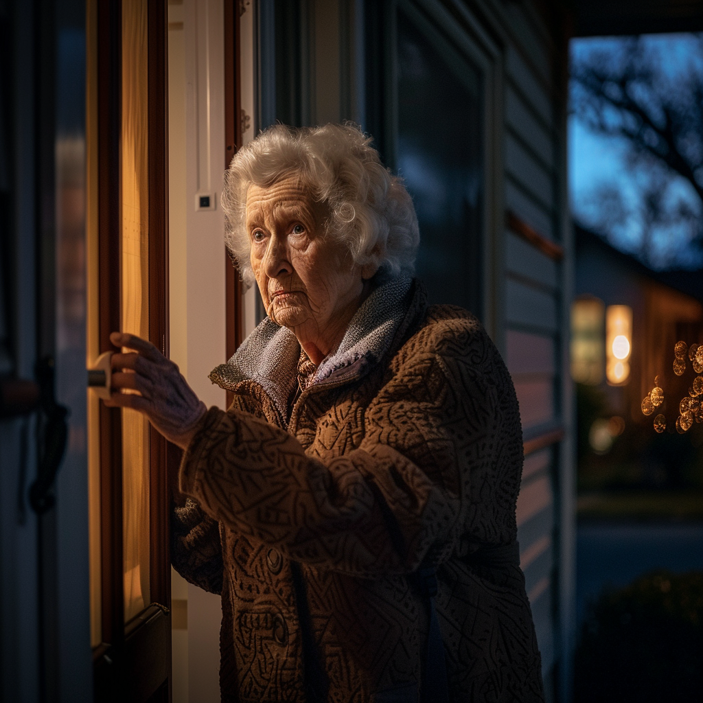 Une femme âgée se tenant à l'extérieur d'une maison au milieu de la nuit | Source : Midjourney