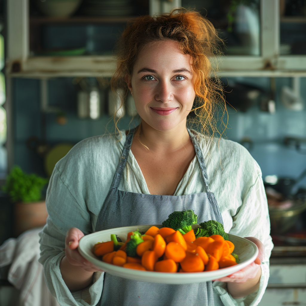 Une femme tenant une assiette avec des légumes | Source : Midjourney