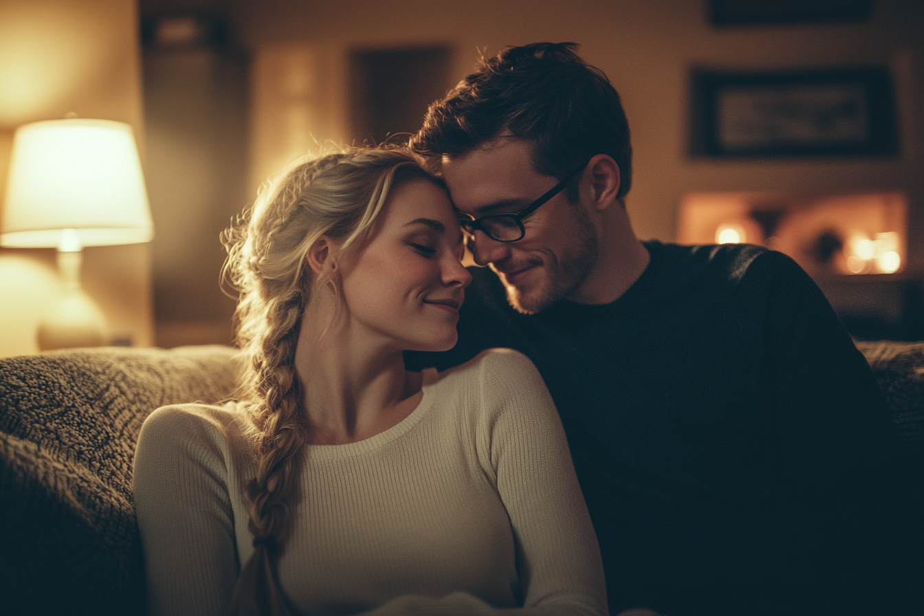 Couple de trentenaires s'étreignant sur un canapé semblant heureux et amoureux le soir dans un salon | Source : Midjourney