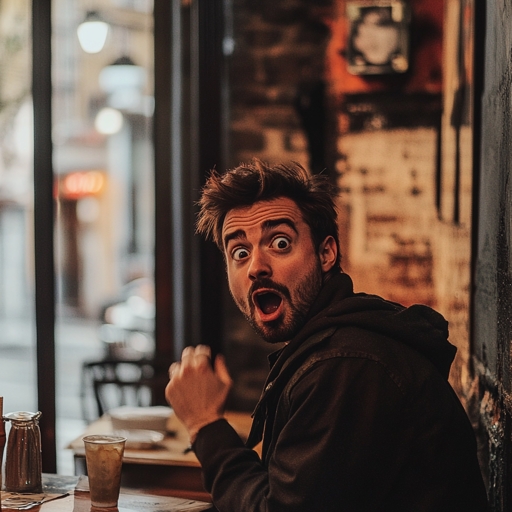 un homme choqué assis dans un café | Source : Midjourney