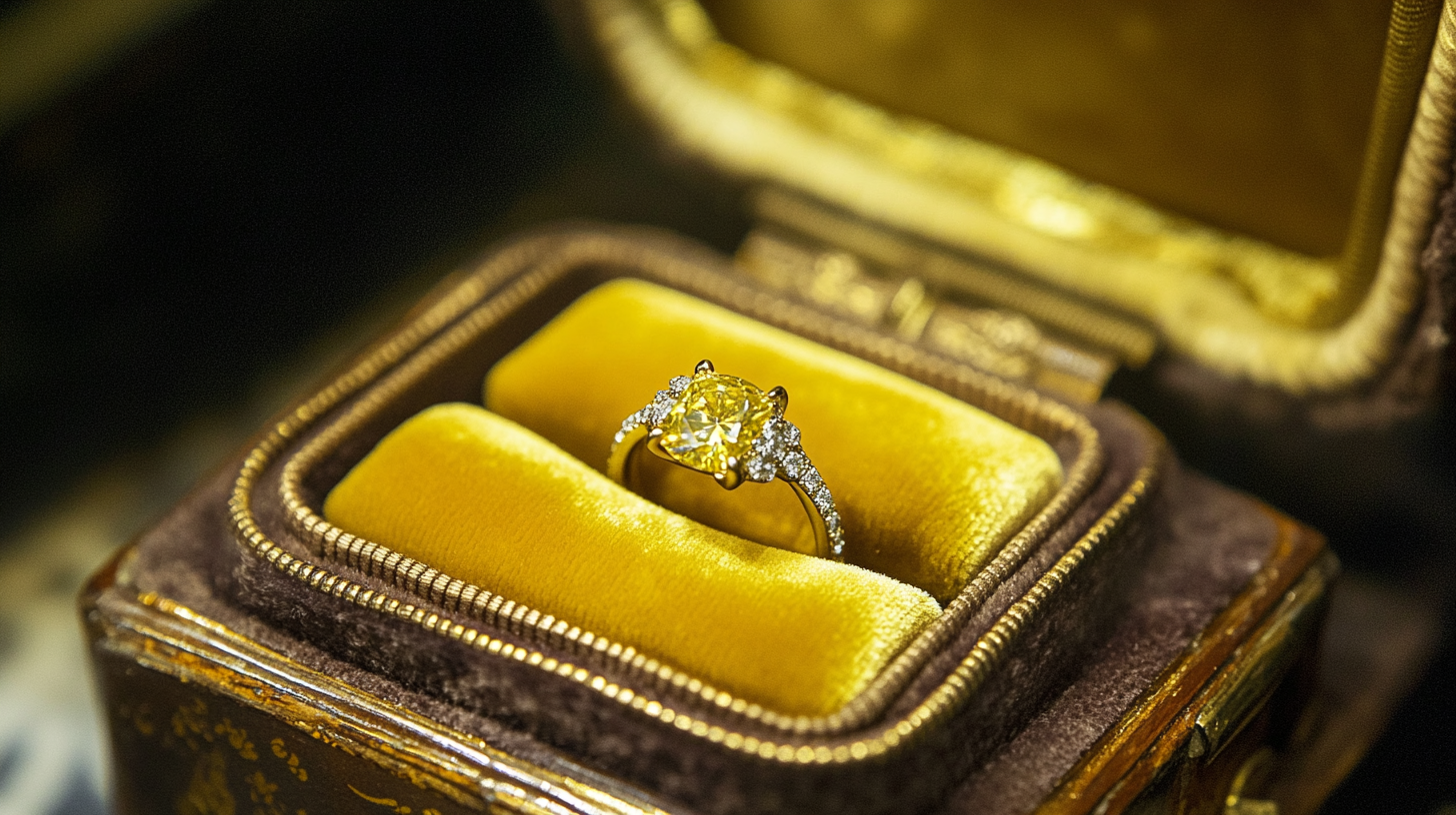 Bague de fiançailles en diamant jaune dans un écrin de velours | Source : Midjourney