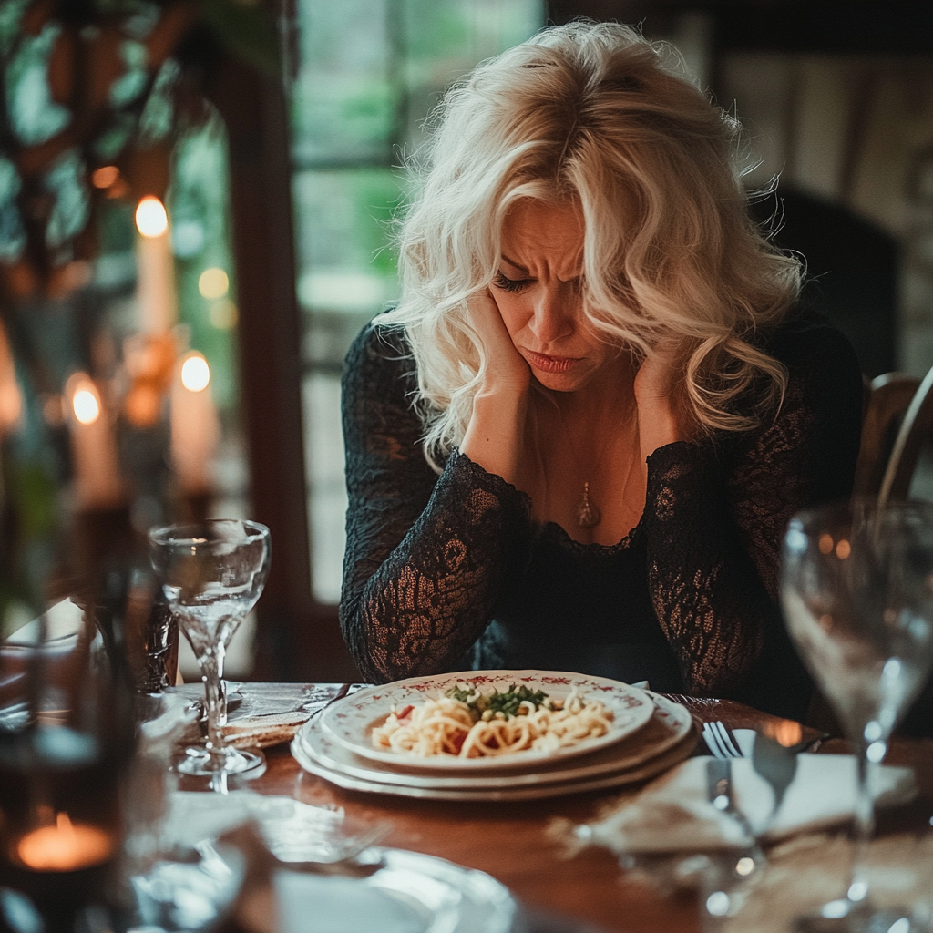 Une femme triste qui regarde son assiette | Source : Midjourney