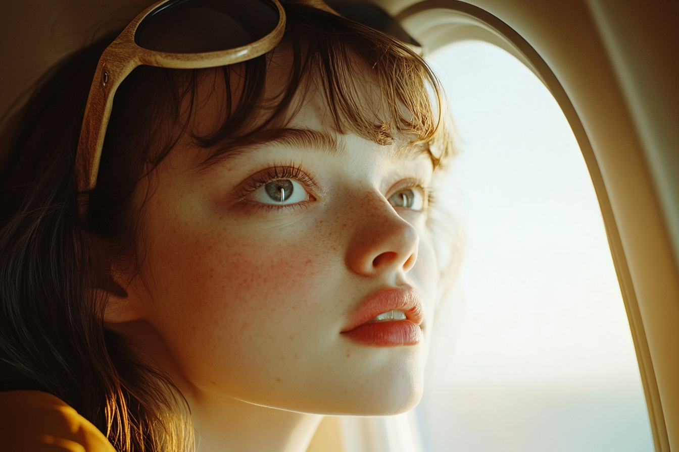 Une femme dans un avion, l'air pensive | Source : Midjourney