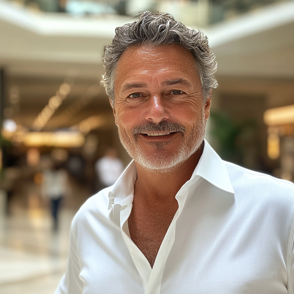 Un homme âgé souriant dans un centre commercial | Source : Midjourney