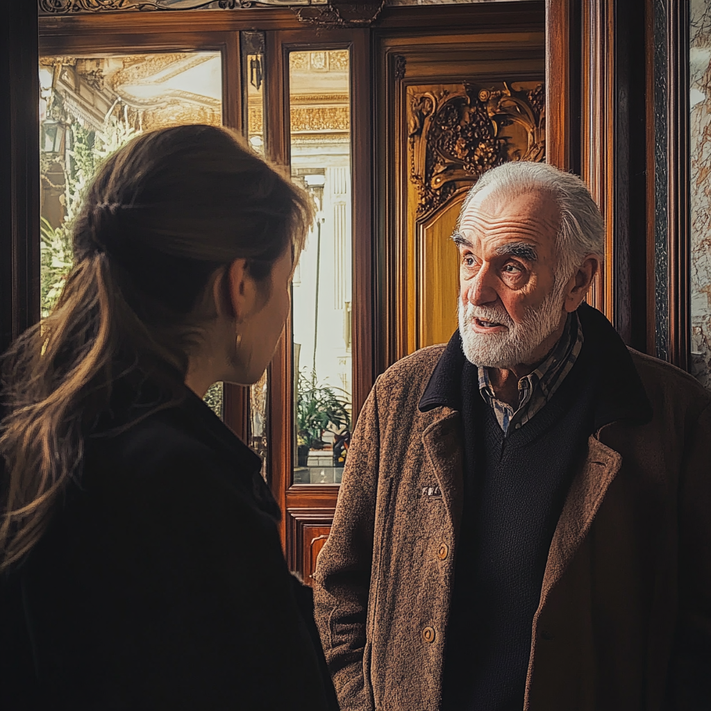 Un homme âgé et une jeune femme en pleine conversation | Source : Midjourney