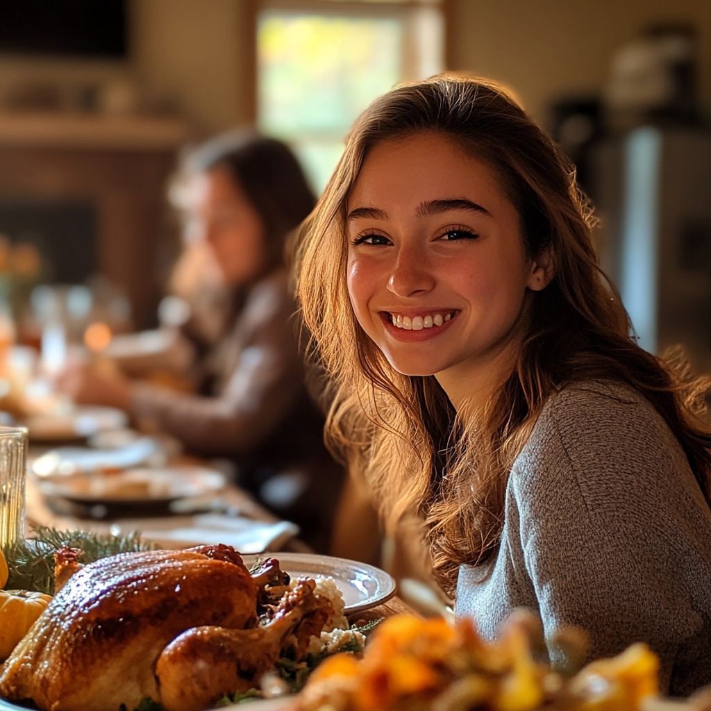 Une fille souriante lors d'un dîner | Source : Midjourney