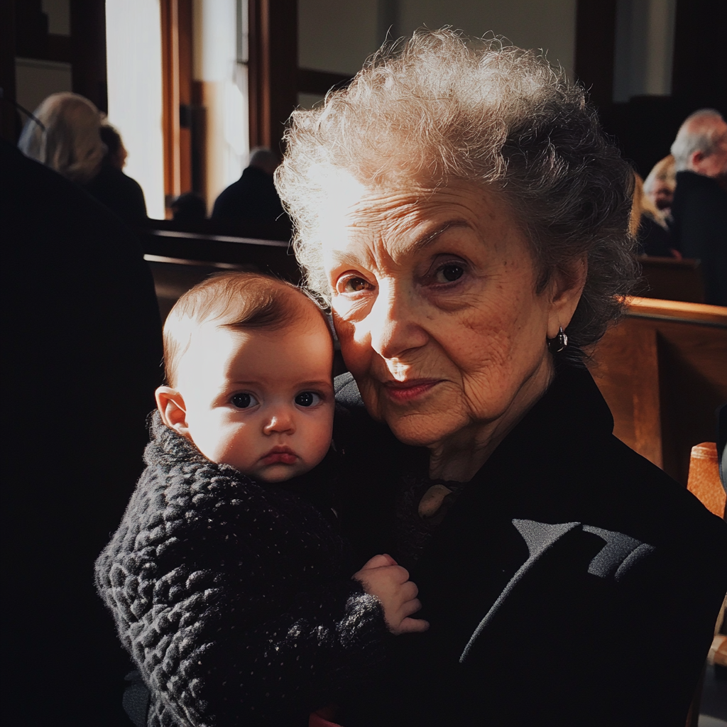 Une femme âgée tenant un bébé | Source : Midjourney