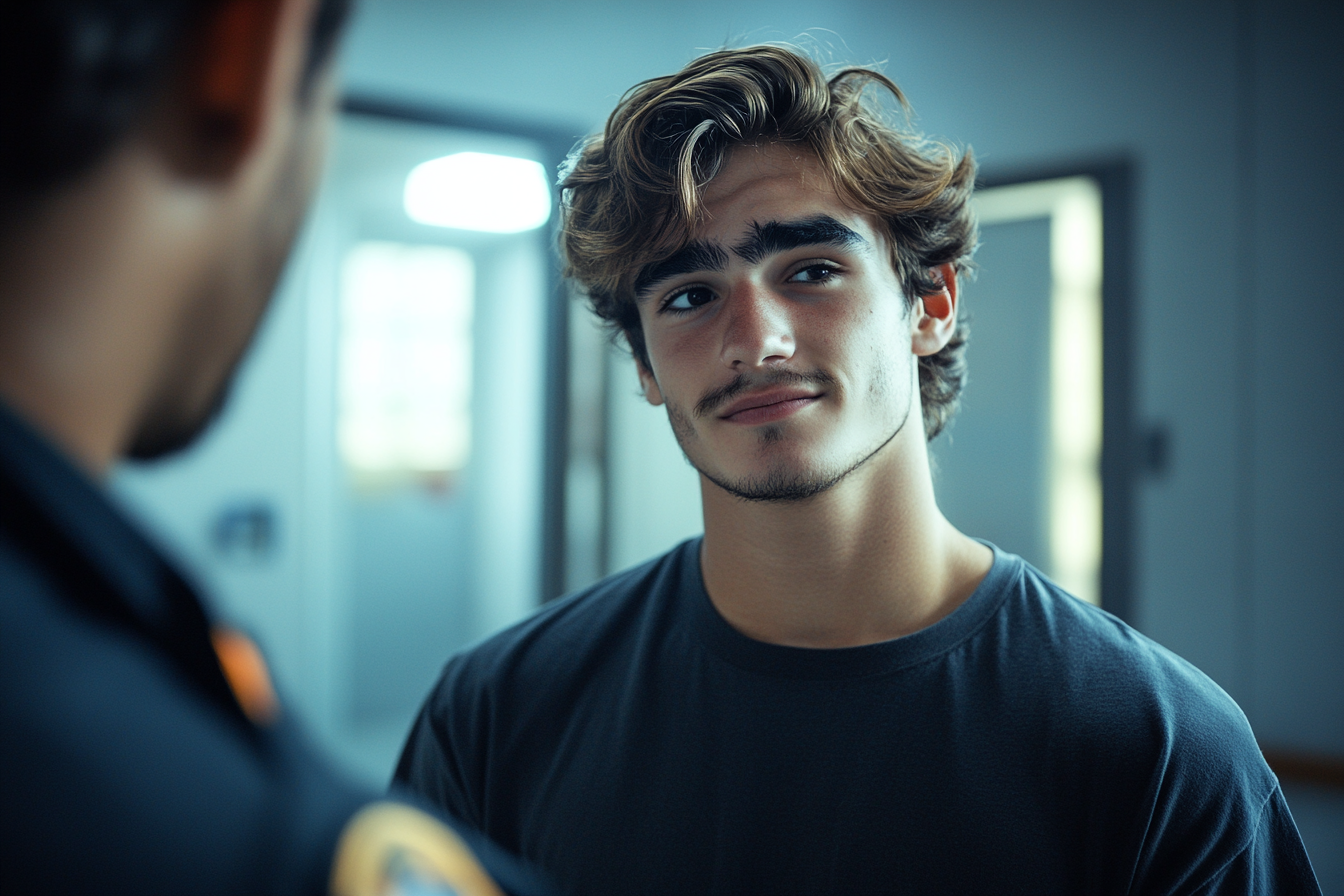Un jeune homme parle à un officier de police | Source : Midjourney