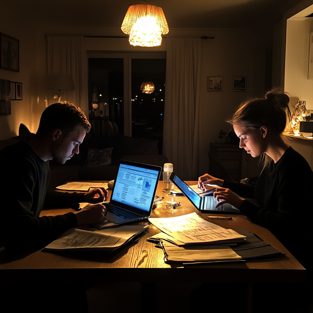 Un couple travaillant à une table à manger | Source : Midjourney