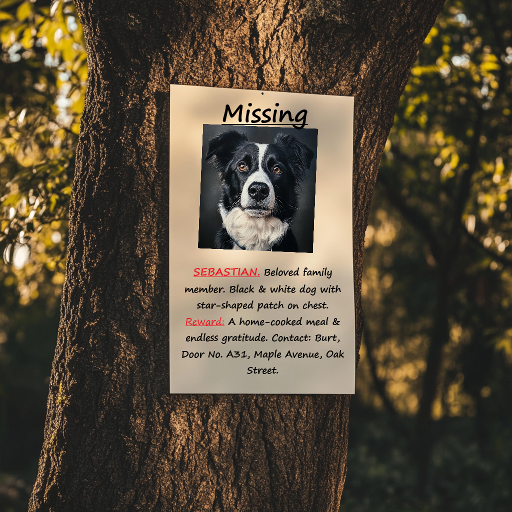 Une affiche avec la photo d'un chien disparu clouée à un arbre | Source : Midjourney