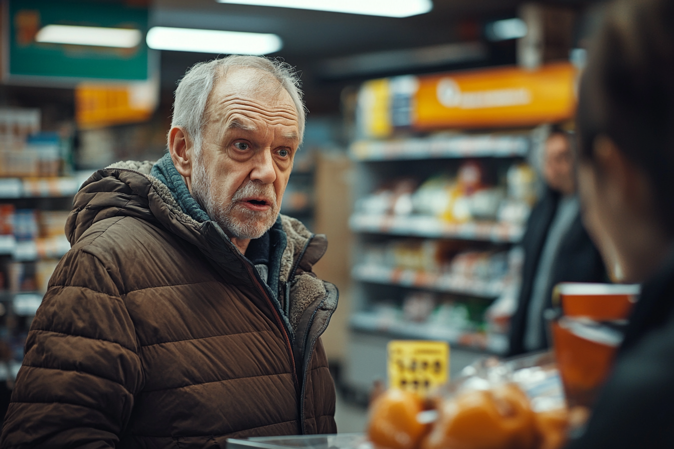 Un homme choqué se tenant à la caisse d'une épicerie | Source : Midjourney