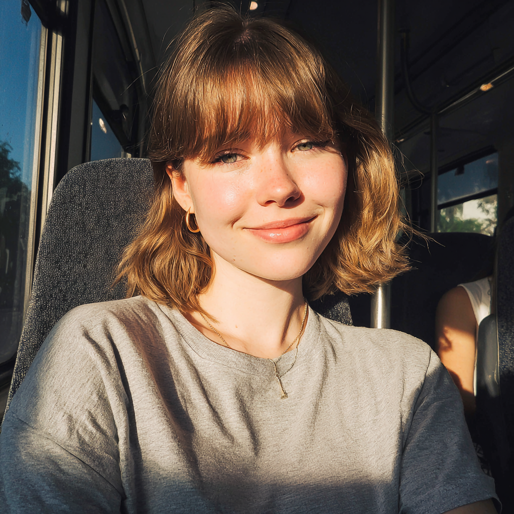 Une jeune femme souriante assise dans un bus | Source : Midjourney