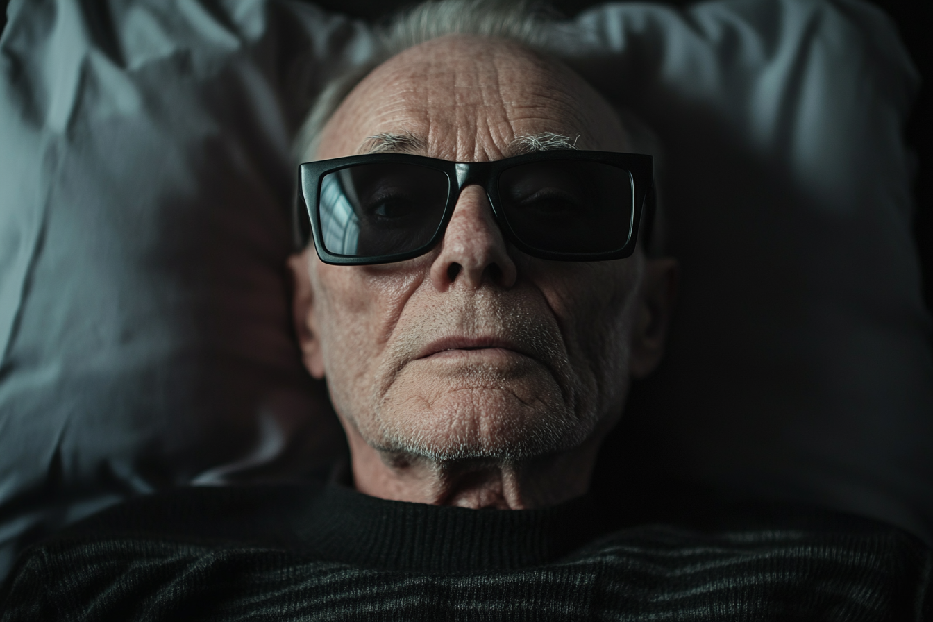 Un homme portant des lunettes noires allongé dans son lit | Source : Midjourney