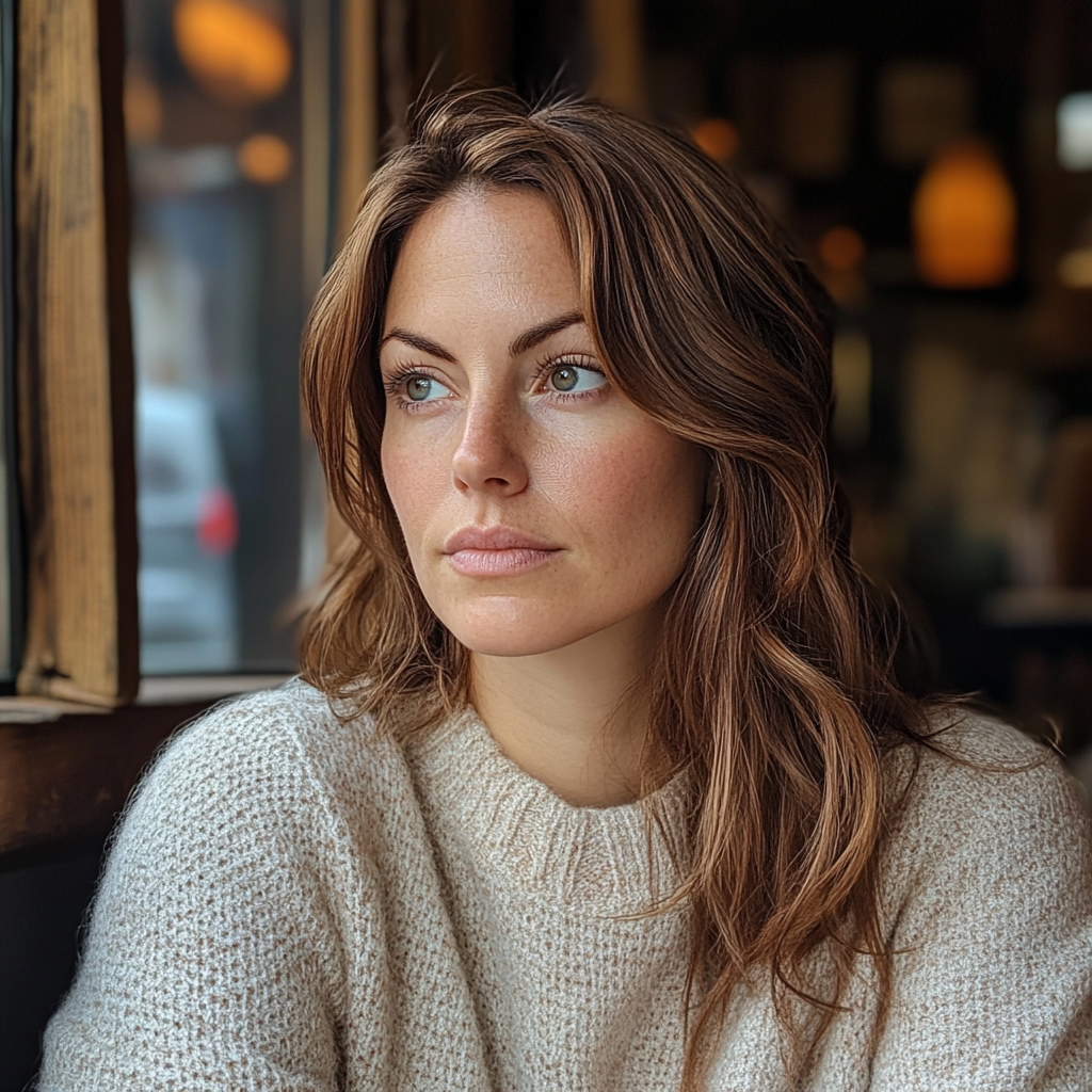 Gros plan sur une femme assise dans un café | Source : Midjourney