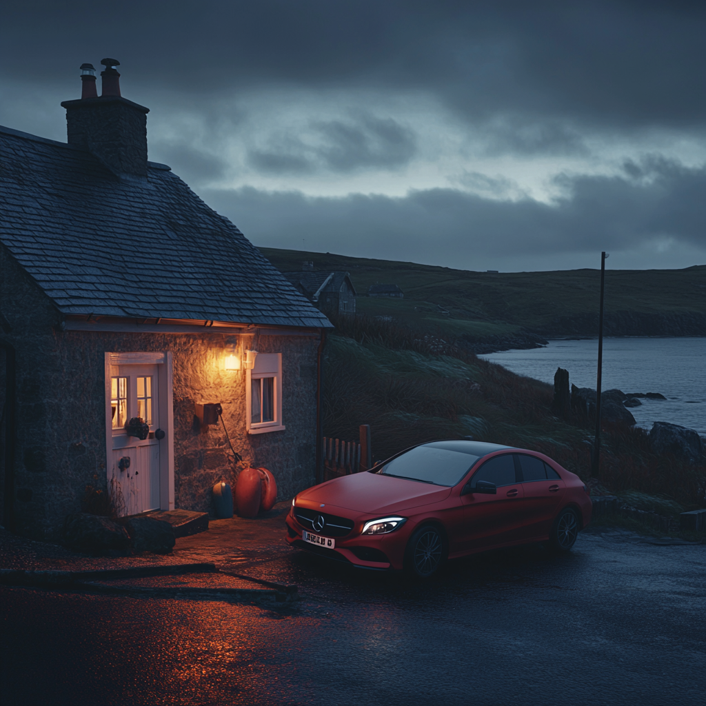 Une voiture rouge devant un chalet | Source : Midjourney